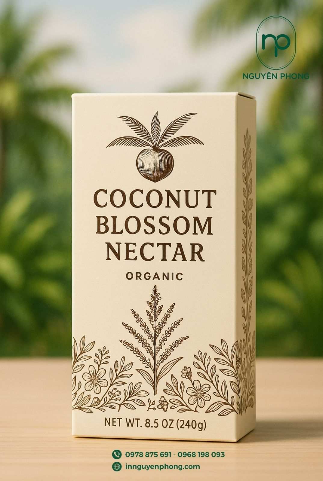 Thiết kế mẫu hộp đựng mật hoa dừa thanh nhã